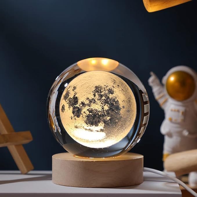 3D Crystal Moon Lamp – Engraved Crystal Ball with Wooden Base