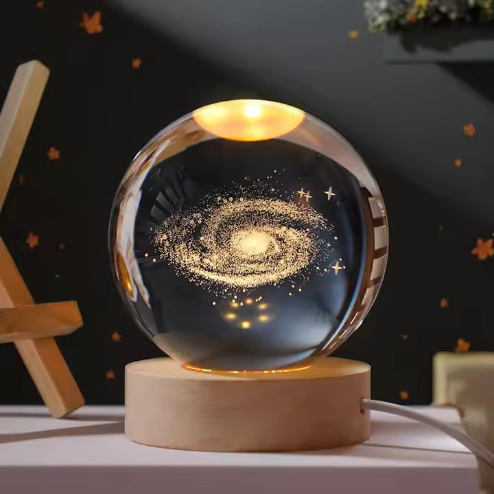 3D Crystal Moon Lamp – Engraved Crystal Ball with Wooden Base