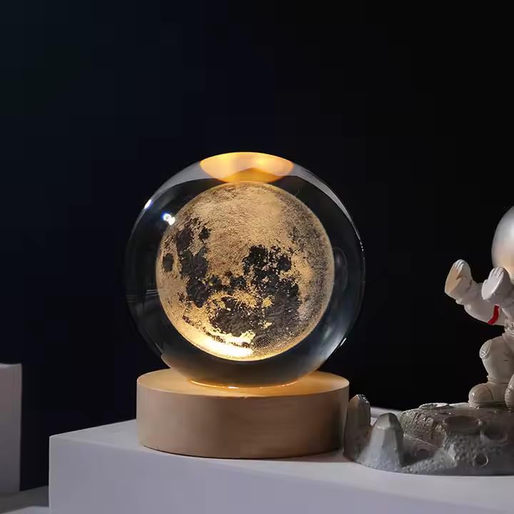 3D Crystal Moon Lamp – Engraved Crystal Ball with Wooden Base