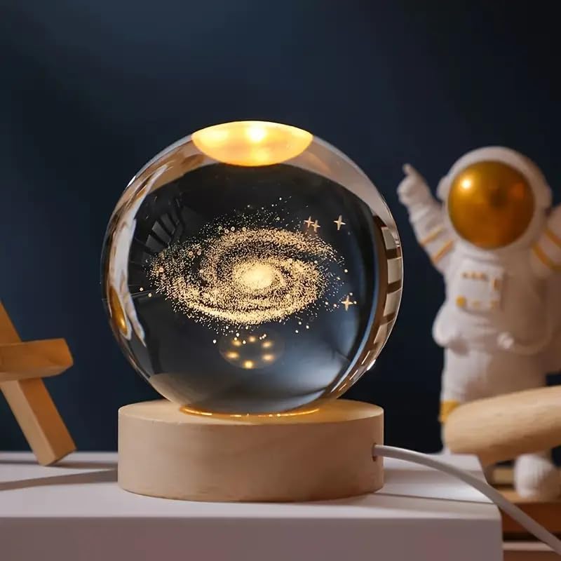 3D Crystal Moon Lamp – Engraved Crystal Ball with Wooden Base