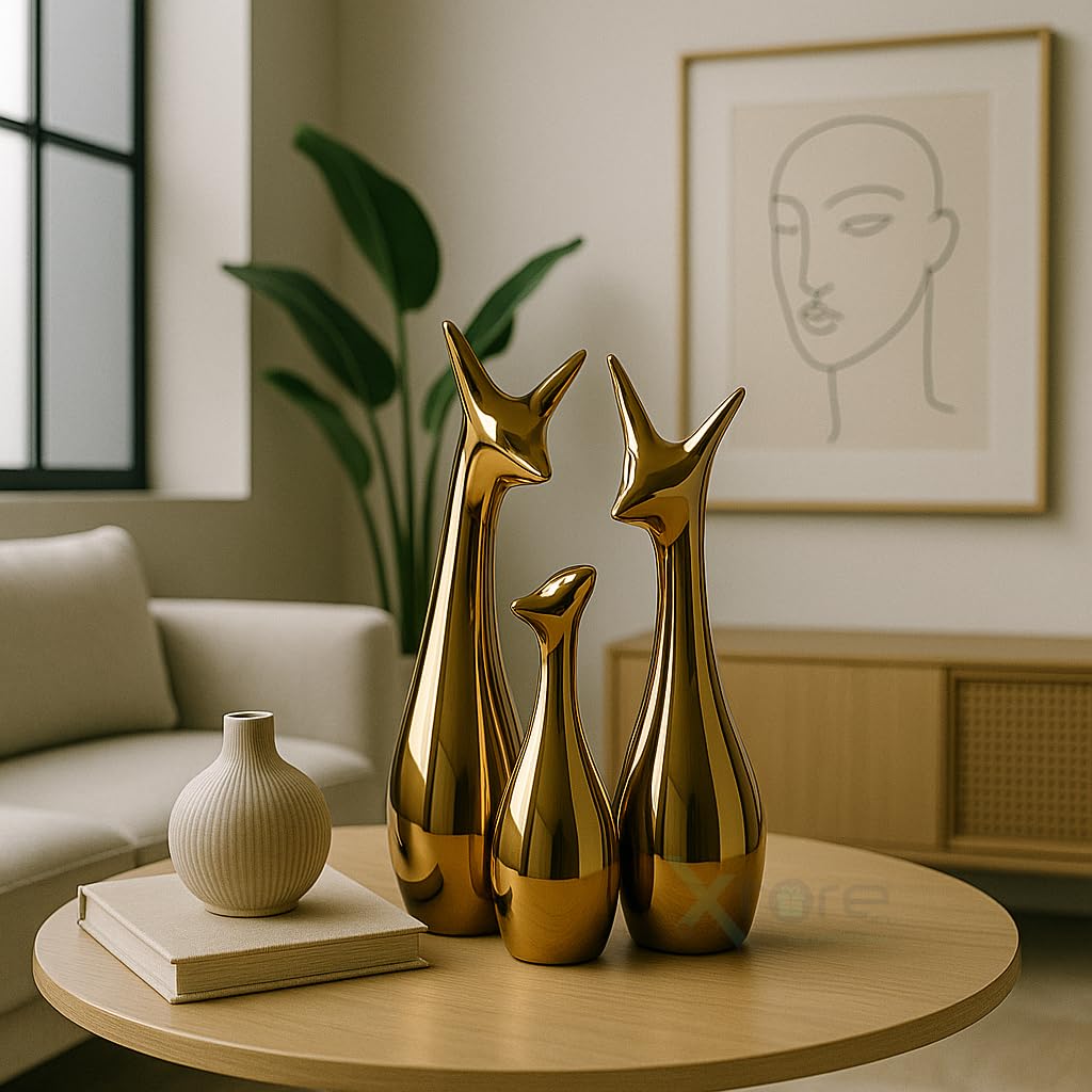 Lucky Deer Family | Metallic Golden Finish Ceramic Figurine for Decor - (Set of 3, Golden)