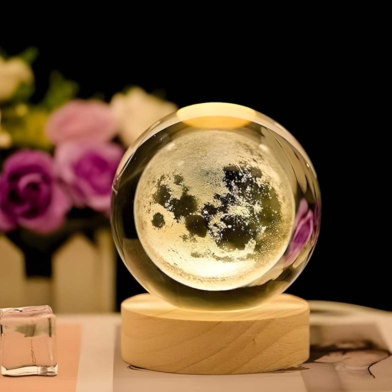 3D Crystal Moon Lamp – Engraved Crystal Ball with Wooden Base