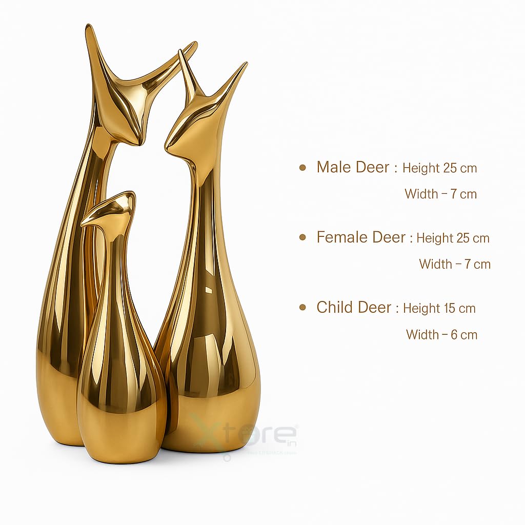 Lucky Deer Family | Metallic Golden Finish Ceramic Figurine for Decor - (Set of 3, Golden)