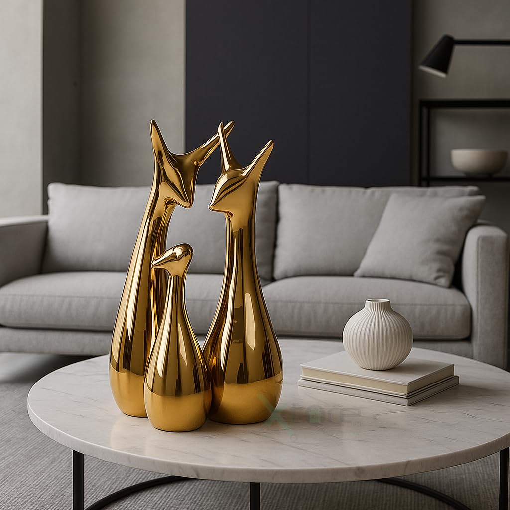 Lucky Deer Family | Metallic Golden Finish Ceramic Figurine for Decor - (Set of 3, Golden)