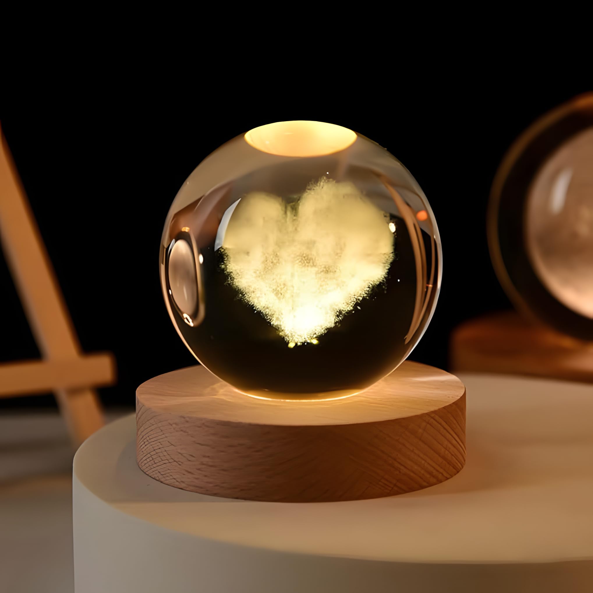 3D Crystal Moon Lamp – Engraved Crystal Ball with Wooden Base