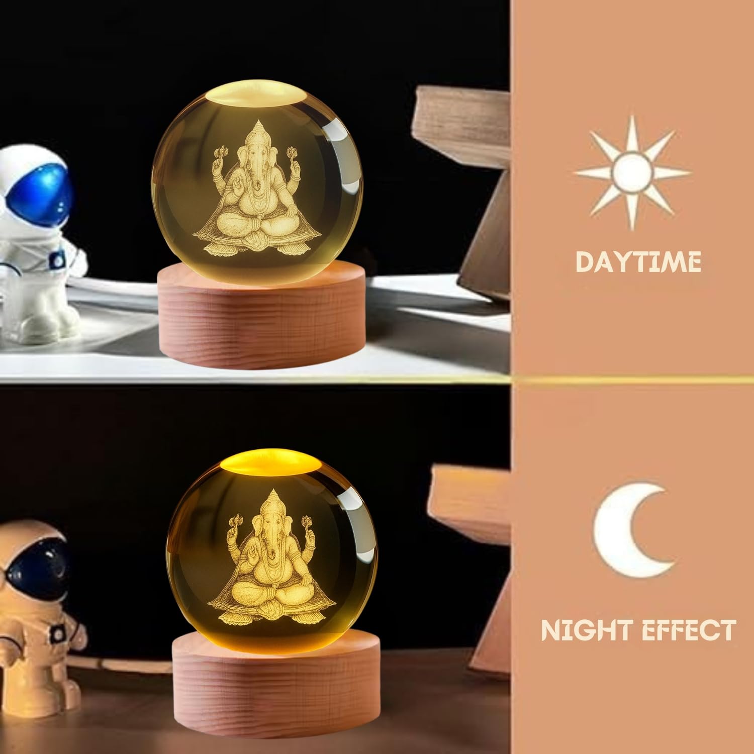 3D Crystal Moon Lamp – Engraved Crystal Ball with Wooden Base