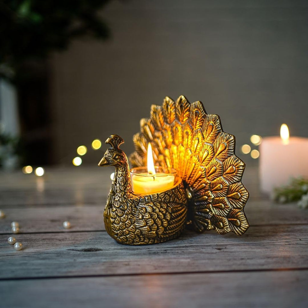 BEHOMA Metal Dancing Peacock Figurine for Good Luck & Love,Candle Holder for Home Dcor Tabletop Living,Showpiece for Valentine's Day,Birthday(Scented Glass Votive Candle Included),Gold,18.5cm,11cm