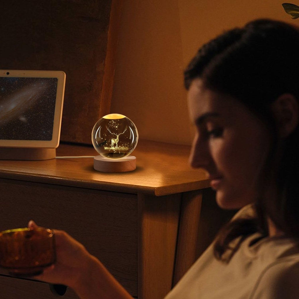 3D Crystal Moon Lamp – Engraved Crystal Ball with Wooden Base