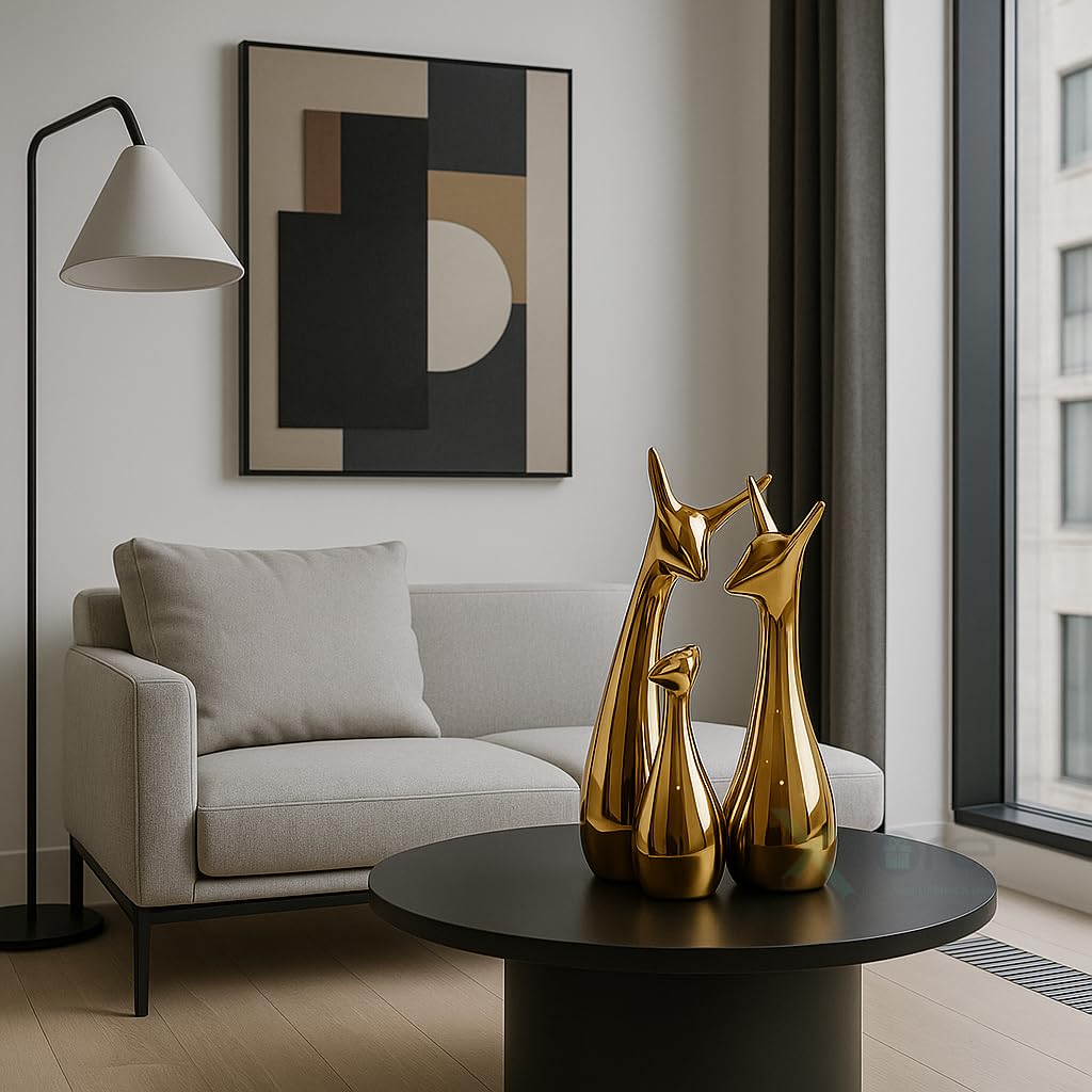 Lucky Deer Family | Metallic Golden Finish Ceramic Figurine for Decor - (Set of 3, Golden)