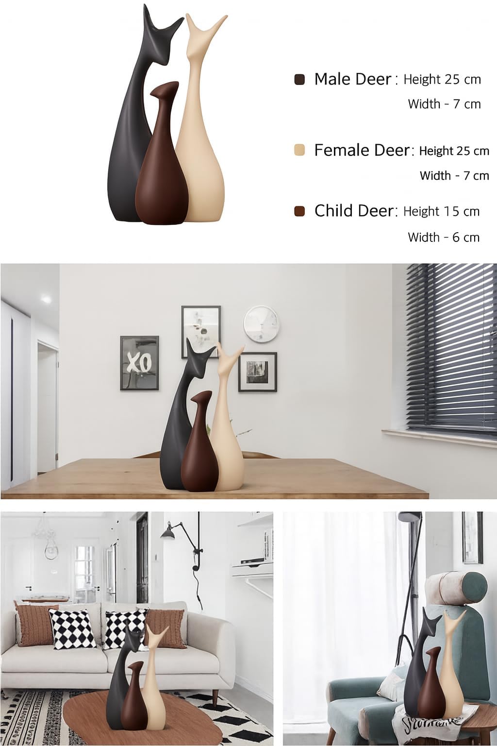 Lucky Deer Family Matte Finish Ceramic Figures - (Set of 3, Matte Brown)