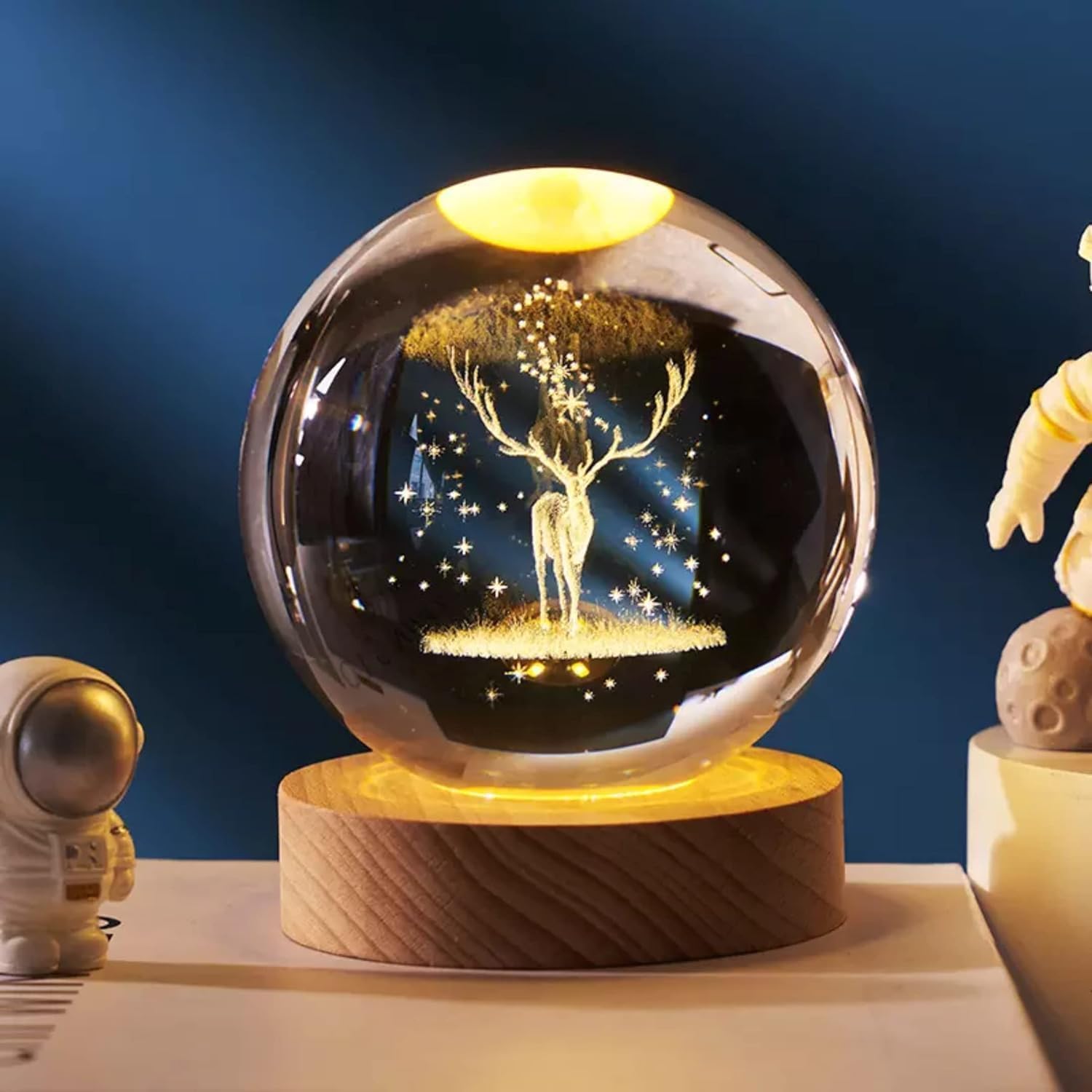 3D Crystal Moon Lamp – Engraved Crystal Ball with Wooden Base