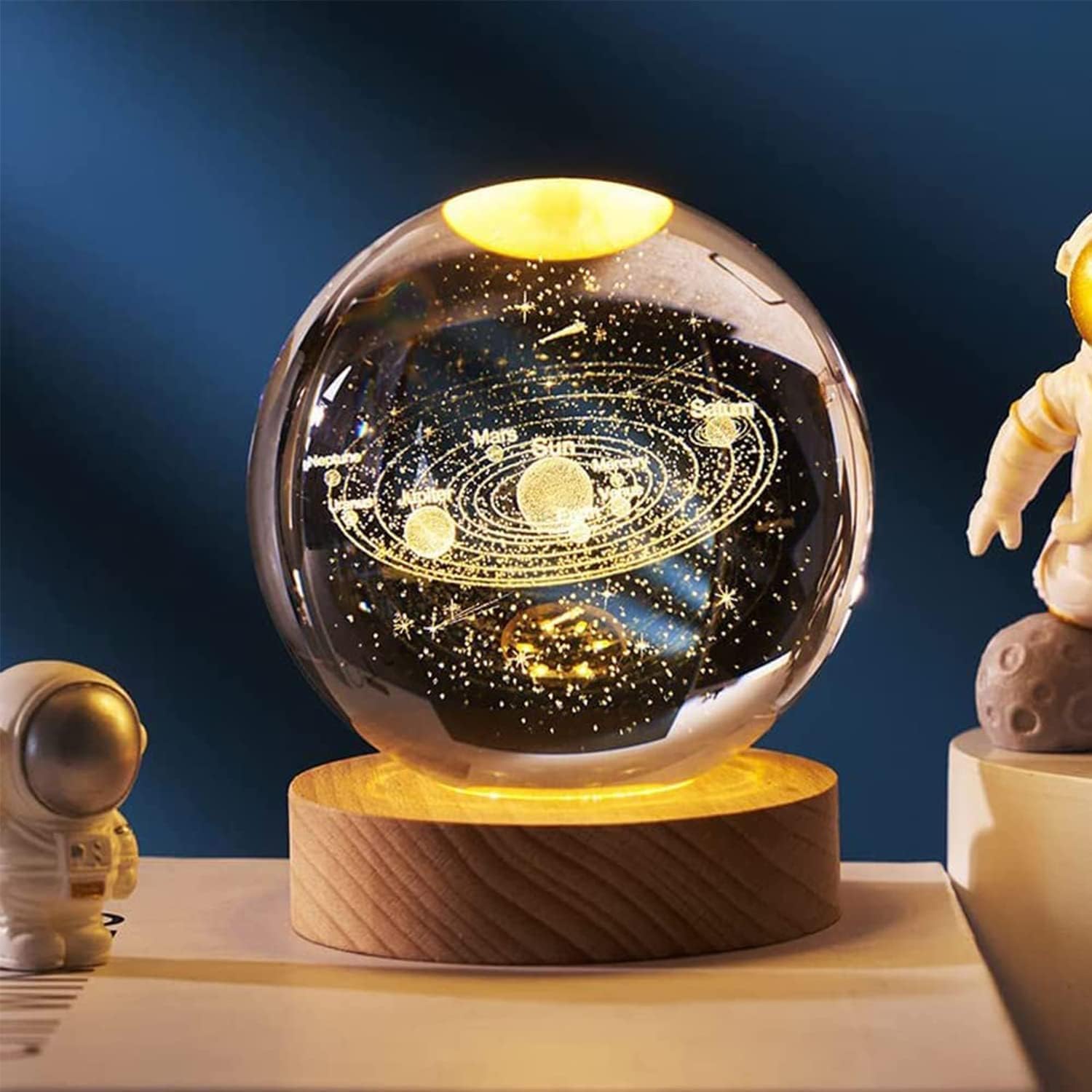 3D Crystal Moon Lamp – Engraved Crystal Ball with Wooden Base