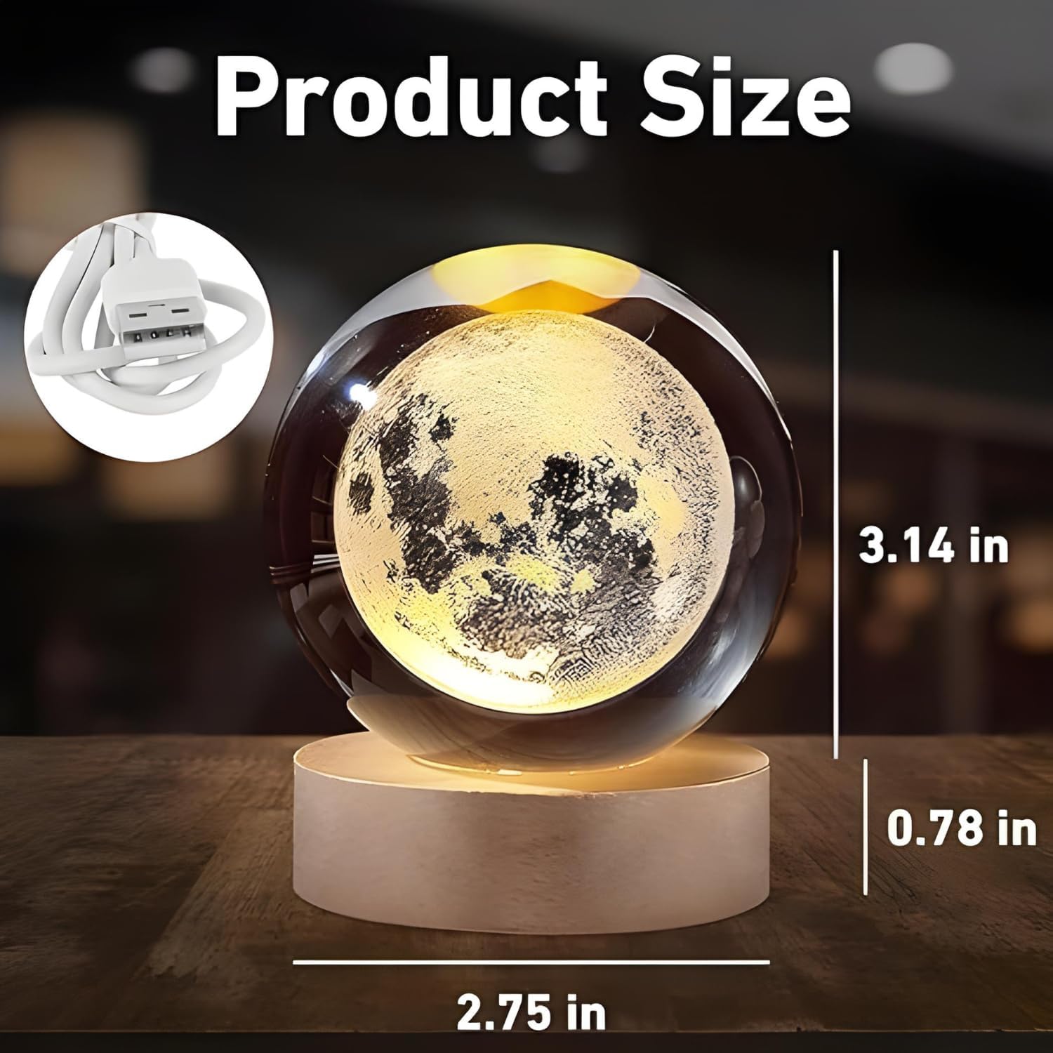 3D Crystal Moon Lamp – Engraved Crystal Ball with Wooden Base