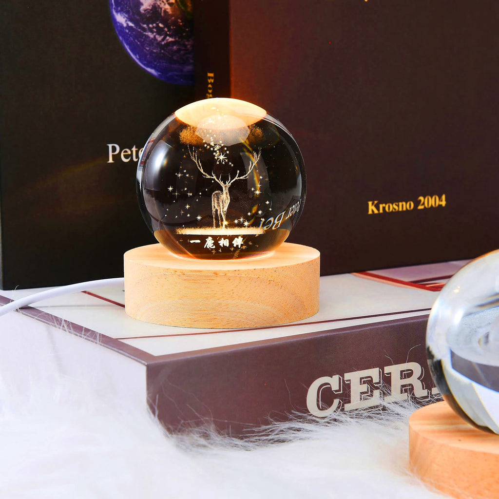 3D Crystal Moon Lamp – Engraved Crystal Ball with Wooden Base