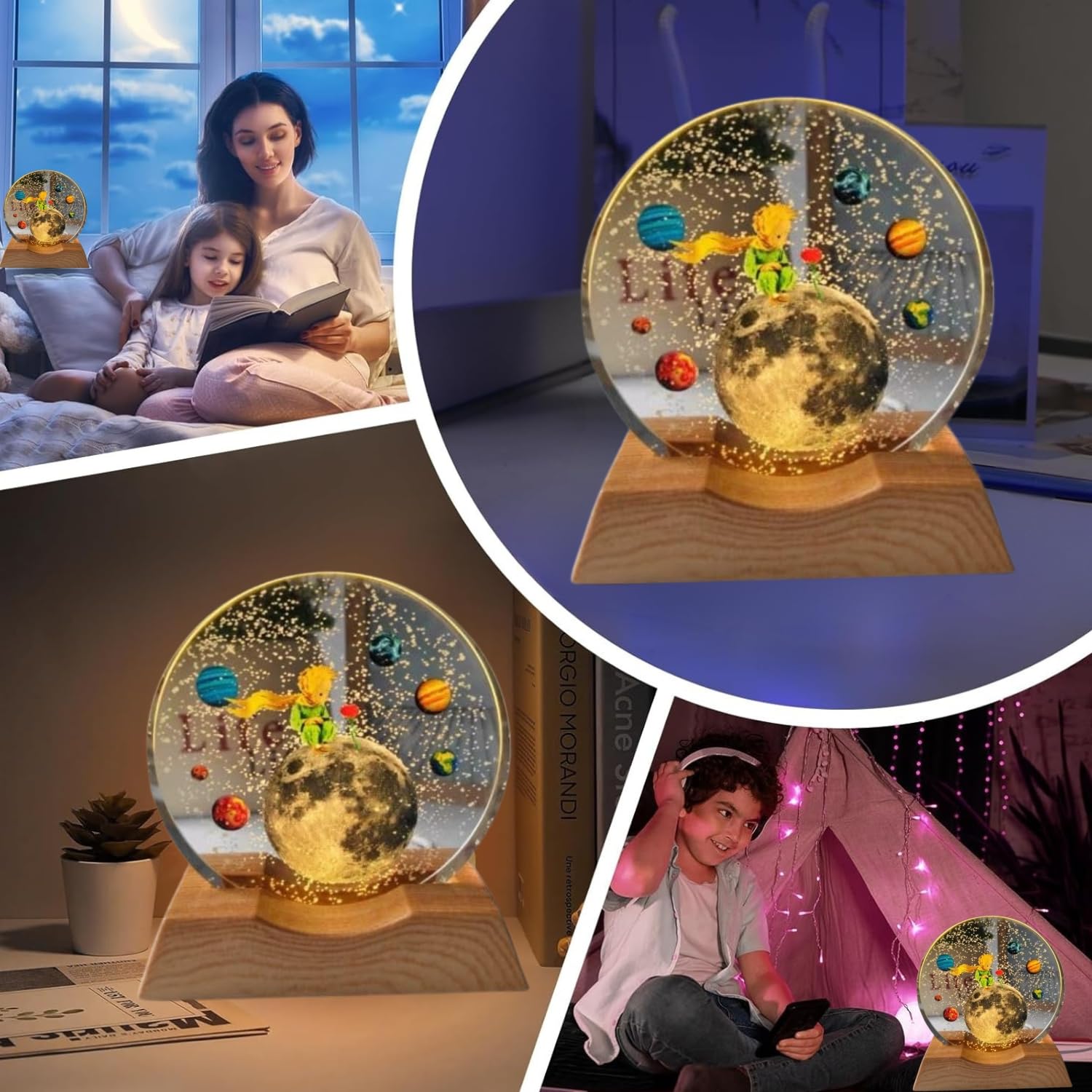 3D Crystal Moon Lamp – Engraved Crystal Ball with Wooden Base