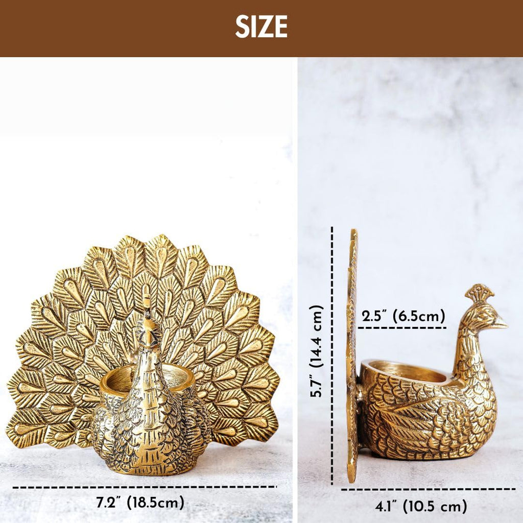 BEHOMA Metal Dancing Peacock Figurine for Good Luck & Love,Candle Holder for Home Dcor Tabletop Living,Showpiece for Valentine's Day,Birthday(Scented Glass Votive Candle Included),Gold,18.5cm,11cm