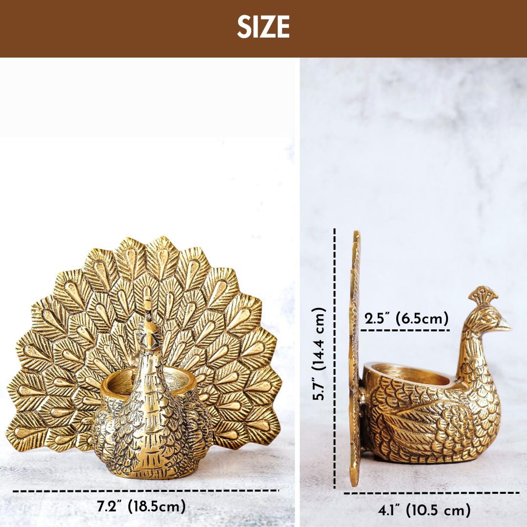 BEHOMA Metal Dancing Peacock Figurine for Good Luck & Love,Candle Holder for Home Dcor Tabletop Living,Showpiece for Valentine's Day,Birthday(Scented Glass Votive Candle Included),Gold,18.5cm,11cm