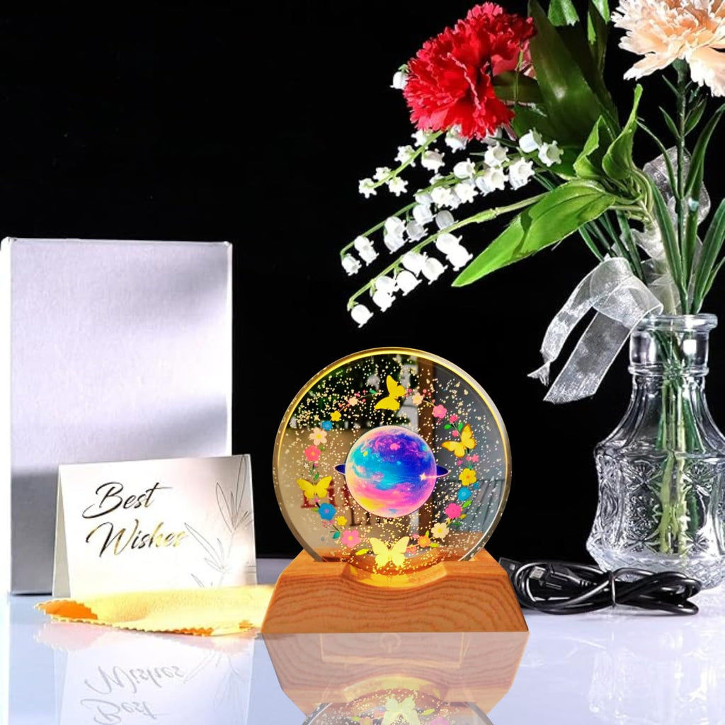 3D Crystal Moon Lamp – Engraved Crystal Ball with Wooden Base