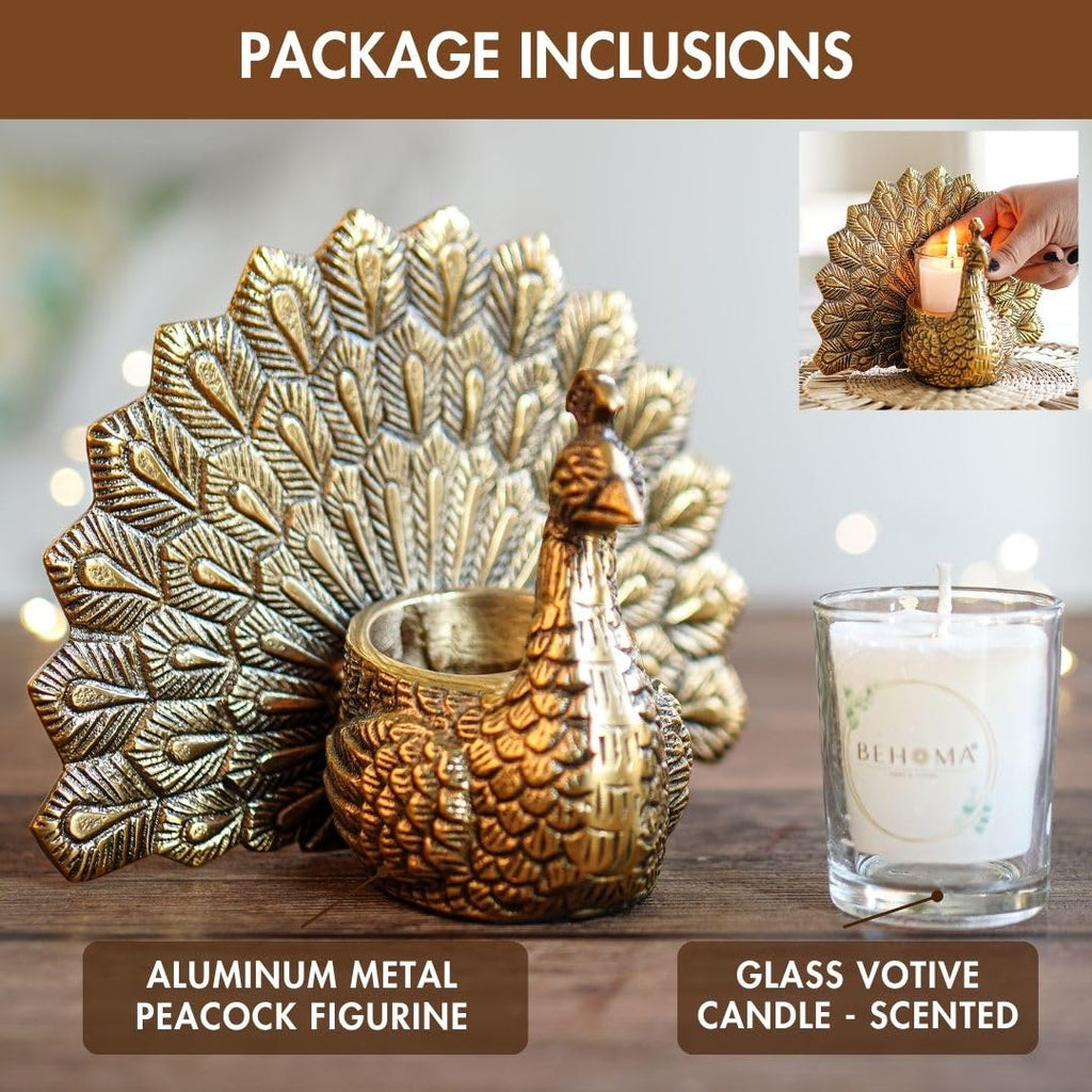 BEHOMA Metal Dancing Peacock Figurine for Good Luck & Love,Candle Holder for Home Dcor Tabletop Living,Showpiece for Valentine's Day,Birthday(Scented Glass Votive Candle Included),Gold,18.5cm,11cm