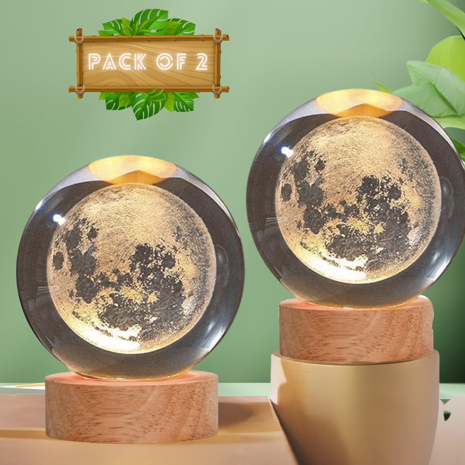 3D Crystal Moon Lamp – Engraved Crystal Ball with Wooden Base