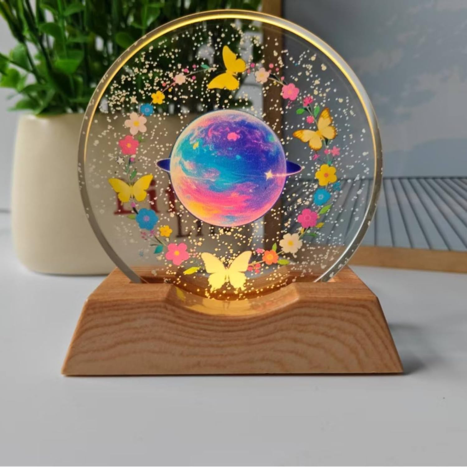 3D Crystal Moon Lamp – Engraved Crystal Ball with Wooden Base