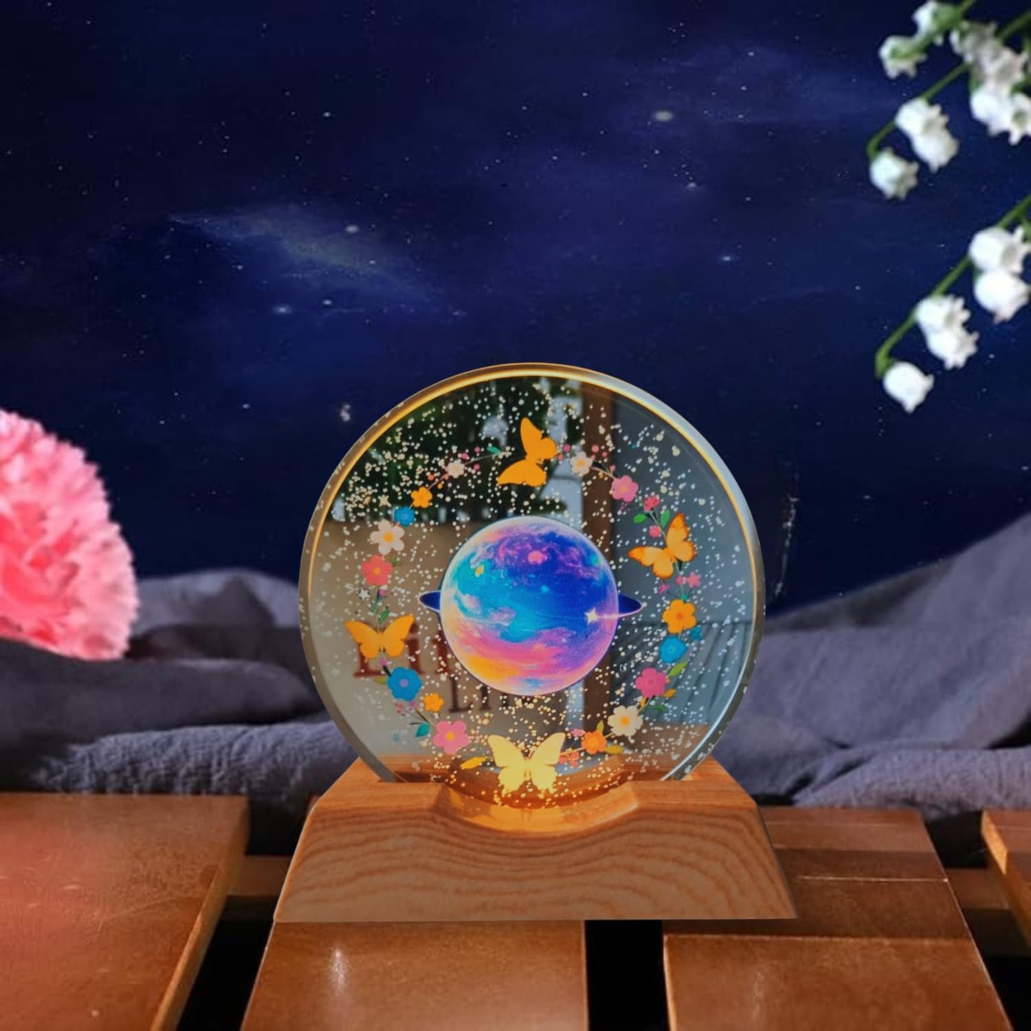 3D Crystal Moon Lamp – Engraved Crystal Ball with Wooden Base
