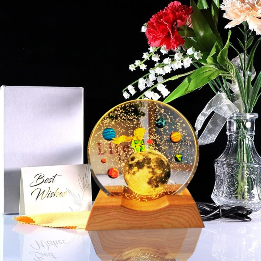 3D Crystal Moon Lamp – Engraved Crystal Ball with Wooden Base
