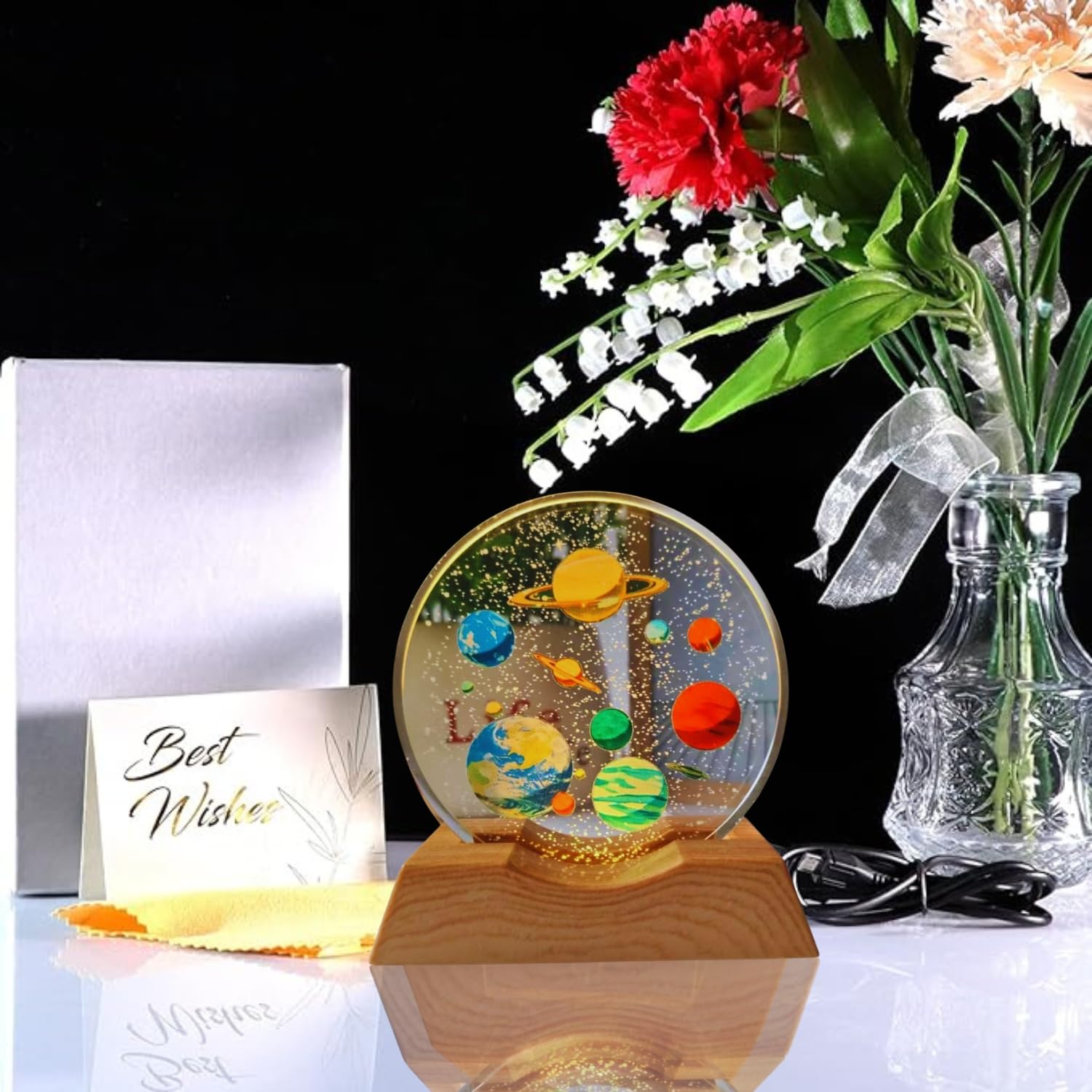 3D Crystal Moon Lamp – Engraved Crystal Ball with Wooden Base