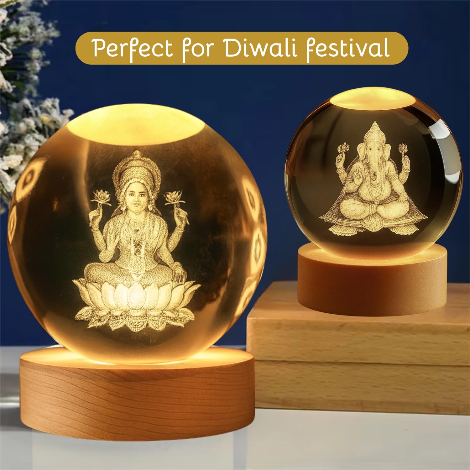 3D Crystal Moon Lamp – Engraved Crystal Ball with Wooden Base