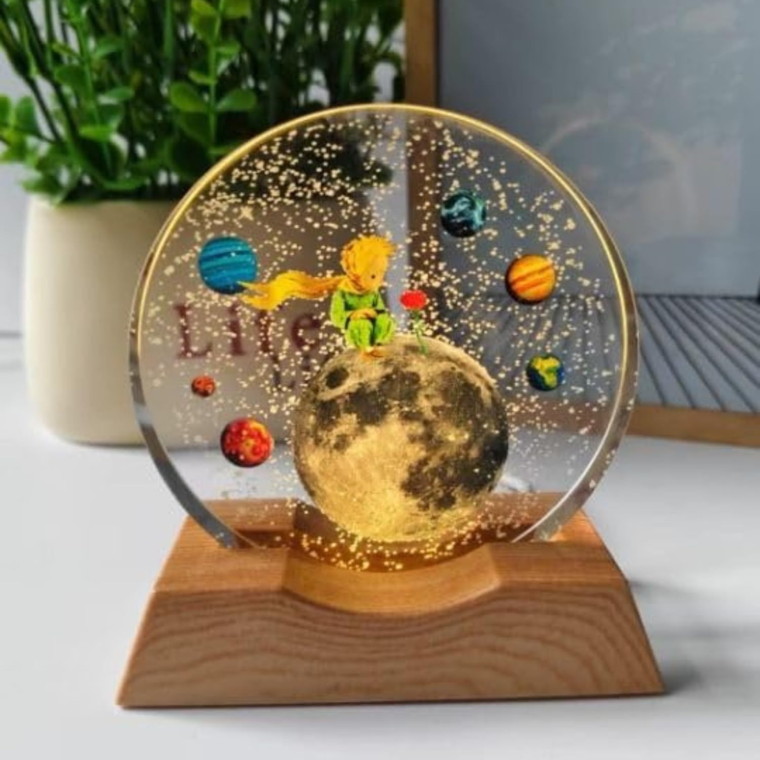 3D Crystal Moon Lamp – Engraved Crystal Ball with Wooden Base