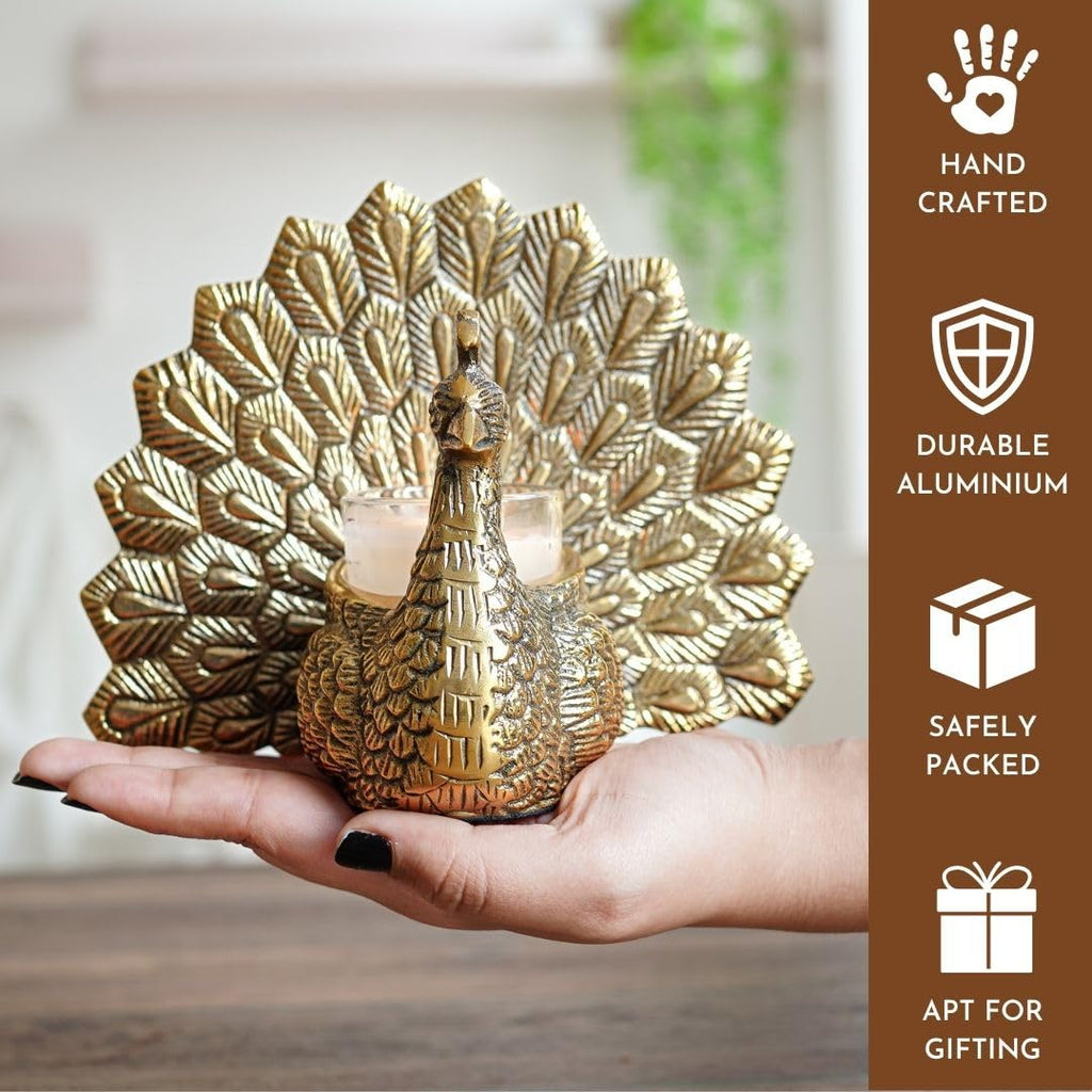 BEHOMA Metal Dancing Peacock Figurine for Good Luck & Love,Candle Holder for Home Dcor Tabletop Living,Showpiece for Valentine's Day,Birthday(Scented Glass Votive Candle Included),Gold,18.5cm,11cm