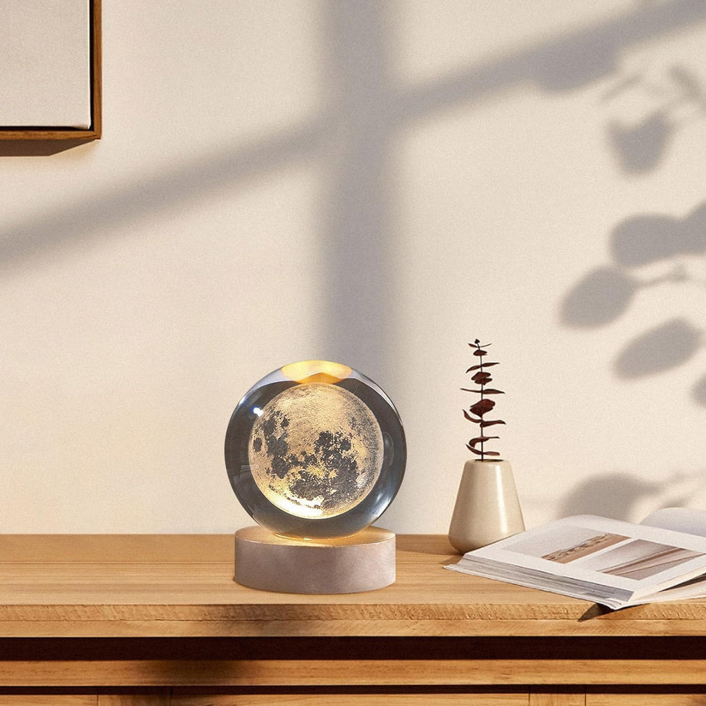 3D Crystal Moon Lamp – Engraved Crystal Ball with Wooden Base