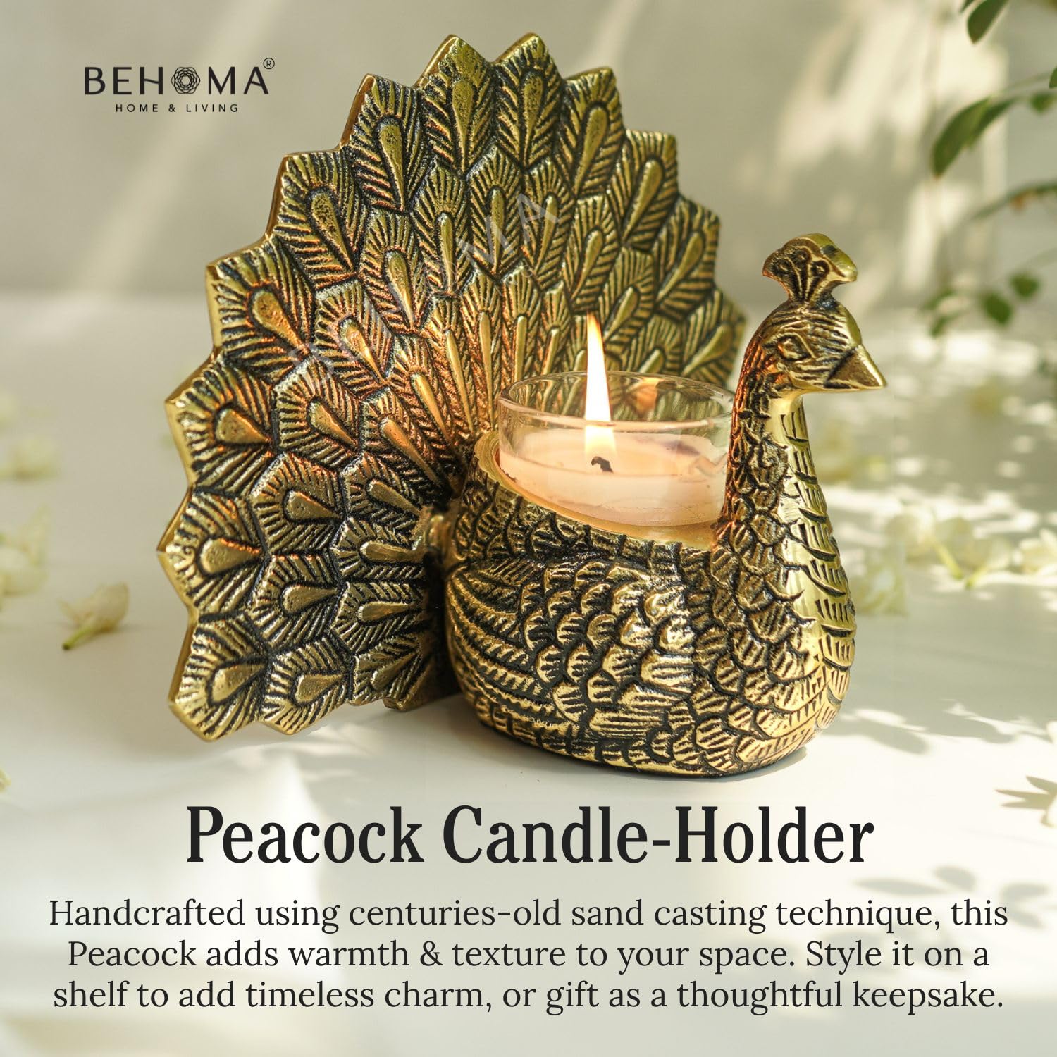 BEHOMA Metal Dancing Peacock Figurine for Good Luck & Love,Candle Holder for Home Dcor Tabletop Living,Showpiece for Valentine's Day,Birthday(Scented Glass Votive Candle Included),Gold,18.5cm,11cm