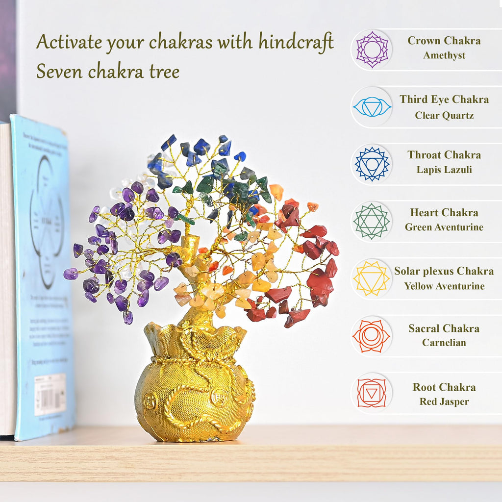 7 Chakra Crystal Bonsai Tree with Golden Money Bag Base