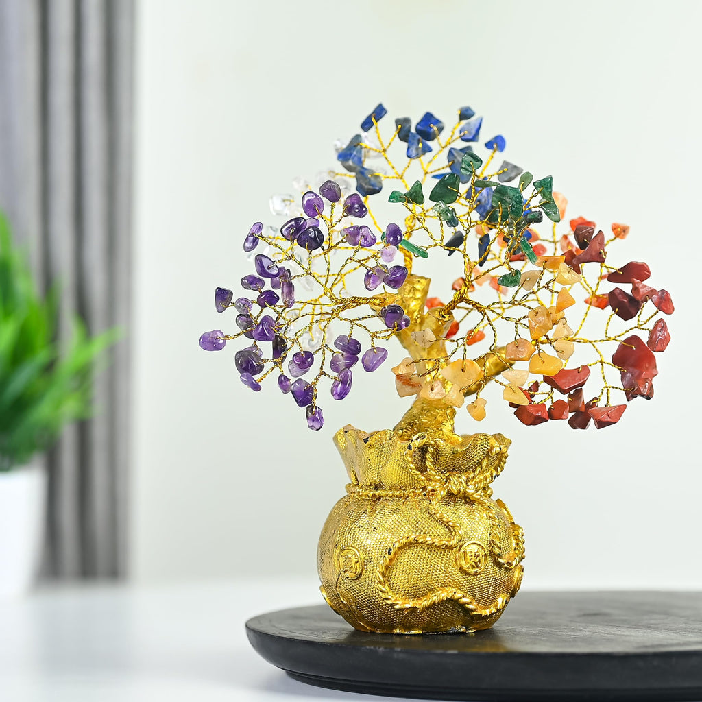 7 Chakra Crystal Bonsai Tree with Golden Money Bag Base