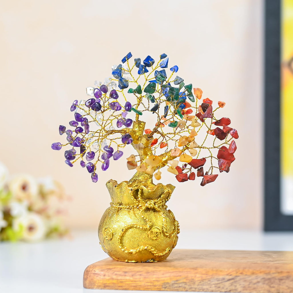 7 Chakra Crystal Bonsai Tree with Golden Money Bag Base