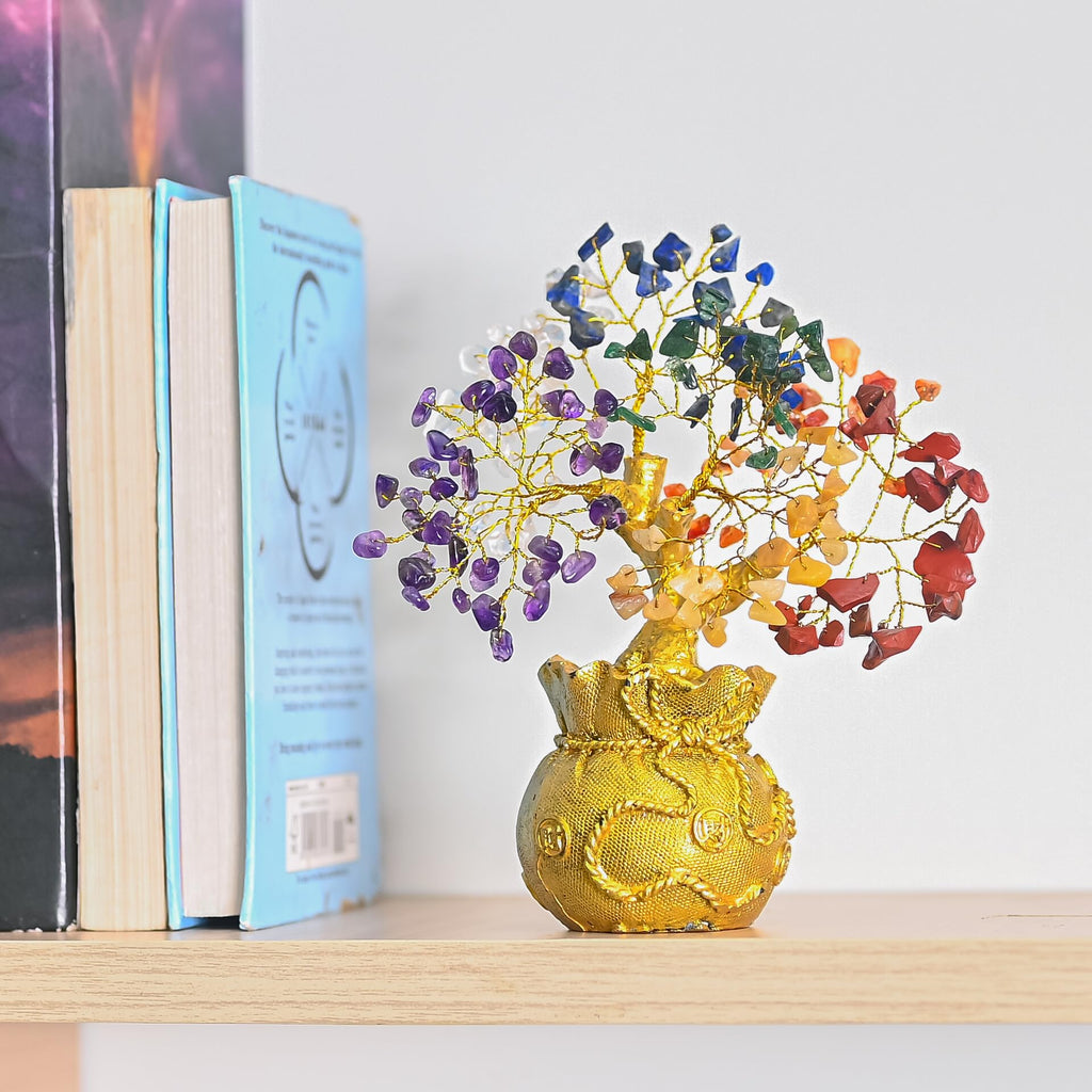 7 Chakra Crystal Bonsai Tree with Golden Money Bag Base