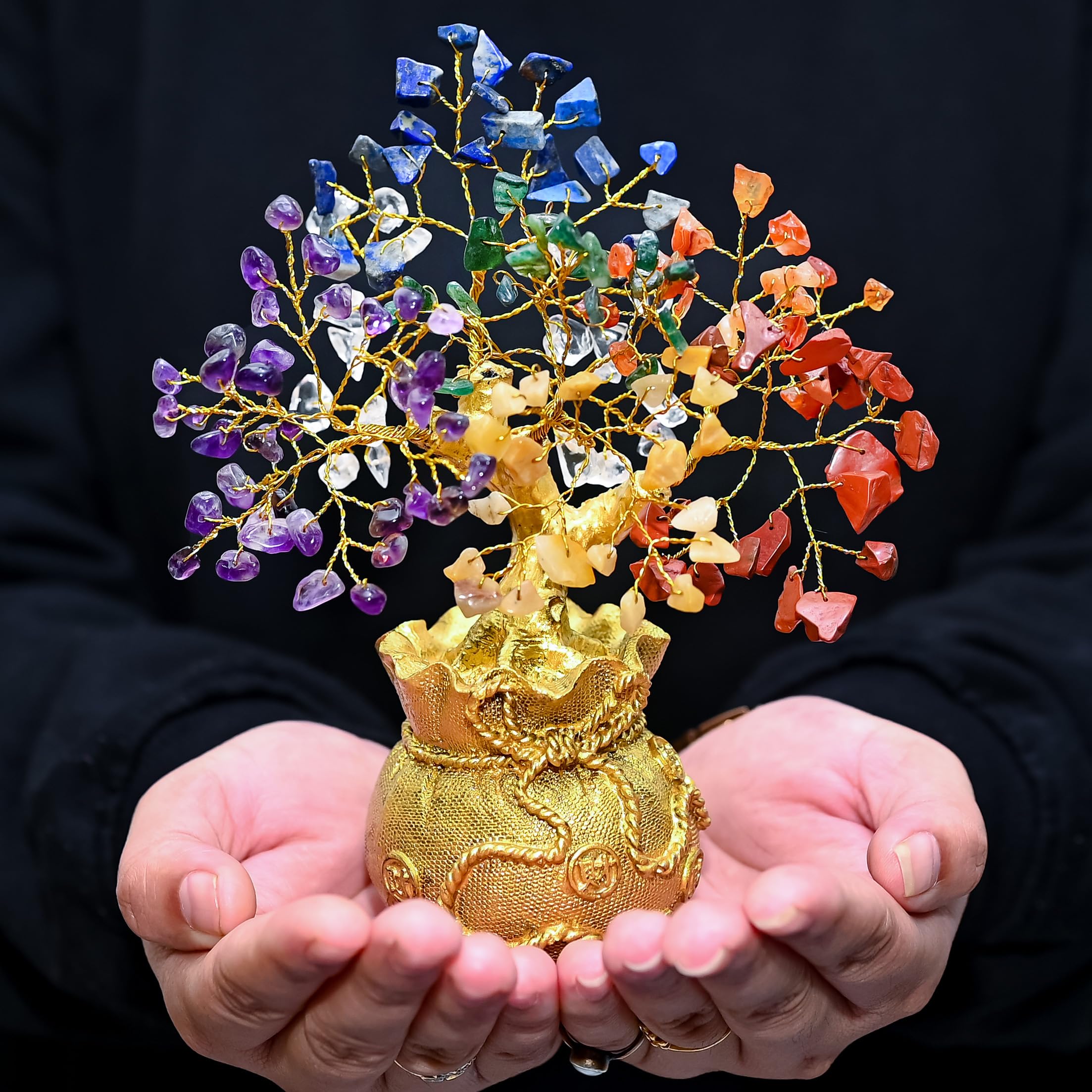 7 Chakra Crystal Bonsai Tree with Golden Money Bag Base