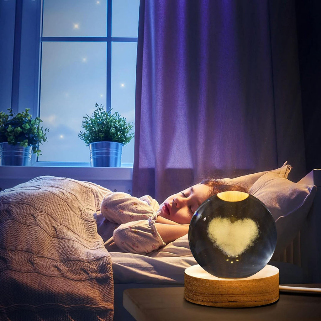 3D Crystal Moon Lamp – Engraved Crystal Ball with Wooden Base