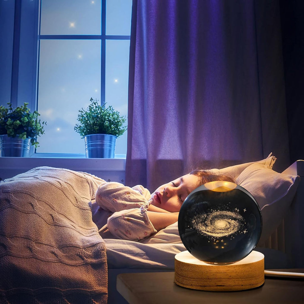 3D Crystal Moon Lamp – Engraved Crystal Ball with Wooden Base