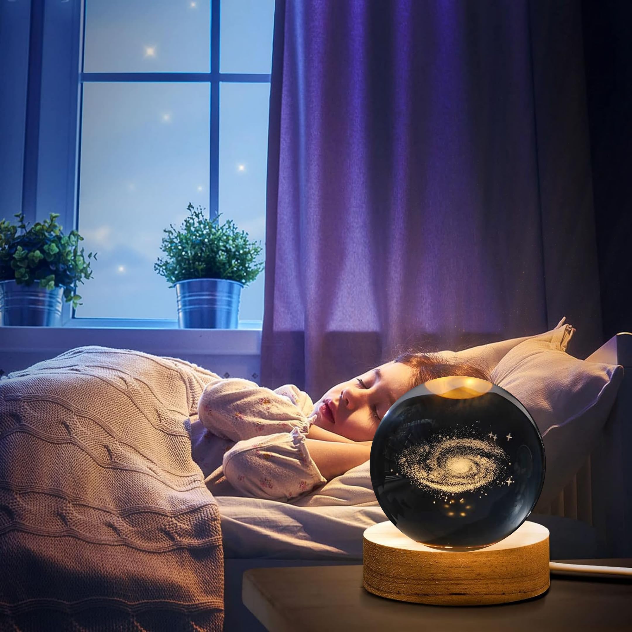 3D Crystal Moon Lamp – Engraved Crystal Ball with Wooden Base