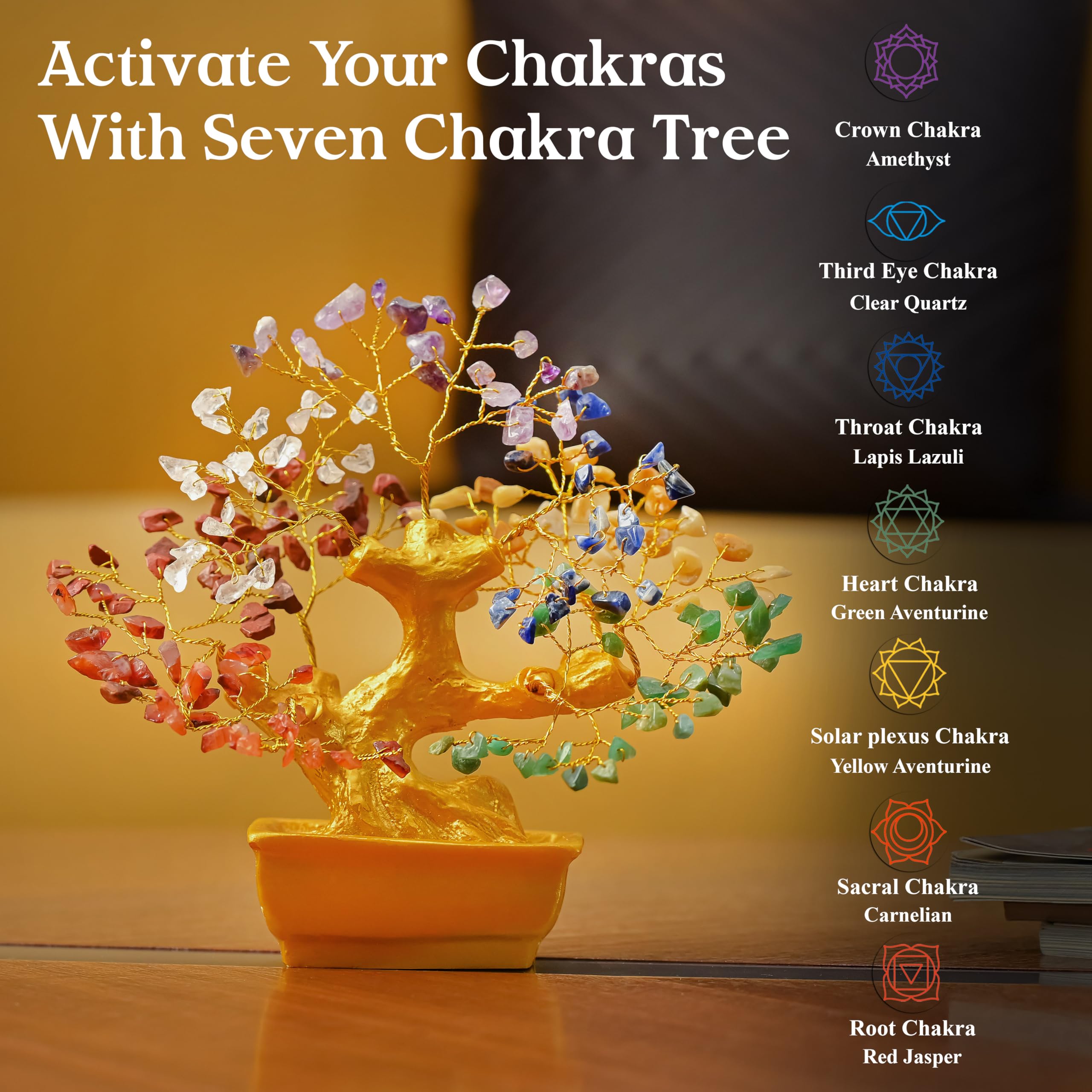 7 Chakra Crystal Bonsai Tree with Golden Money Bag Base