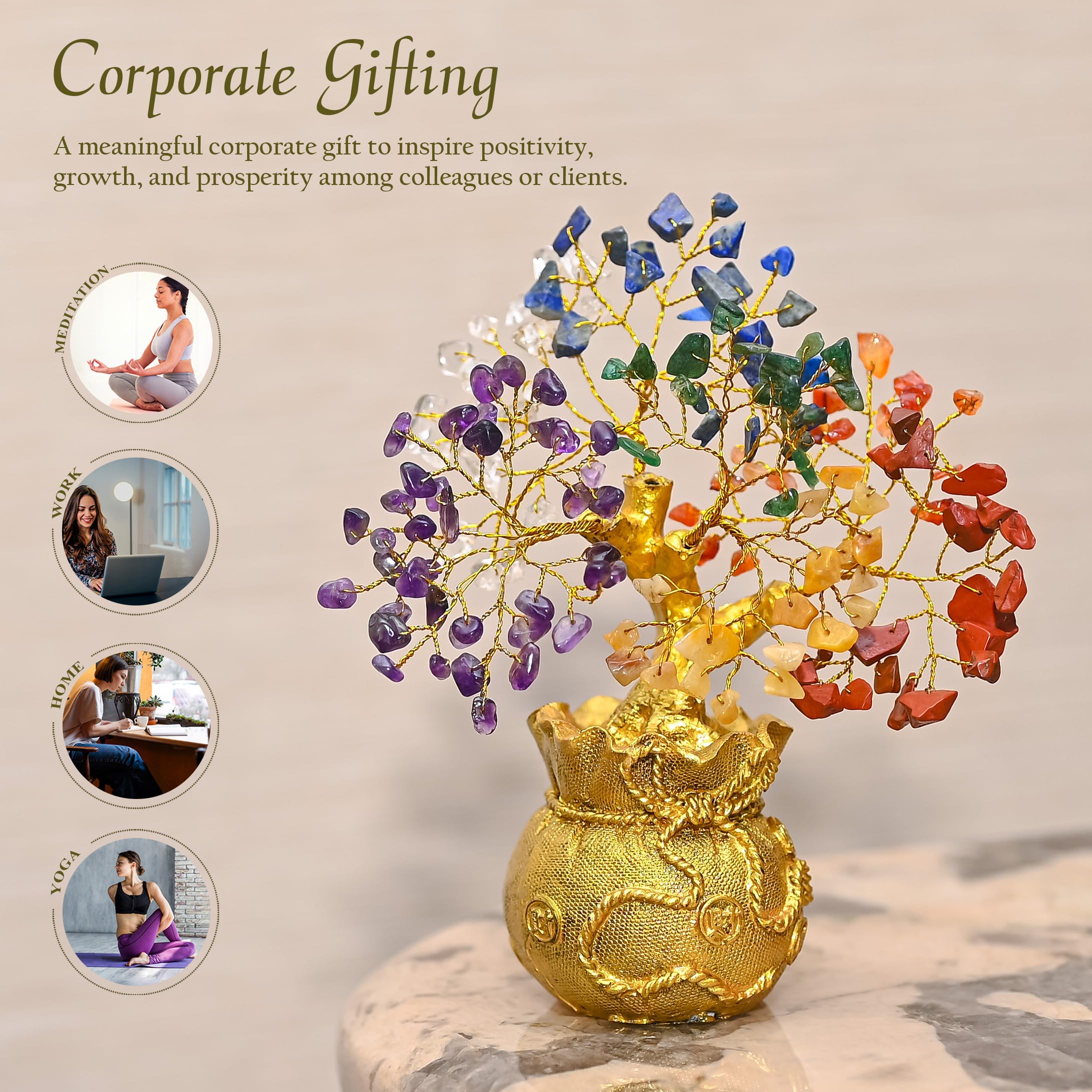 7 Chakra Crystal Bonsai Tree with Golden Money Bag Base