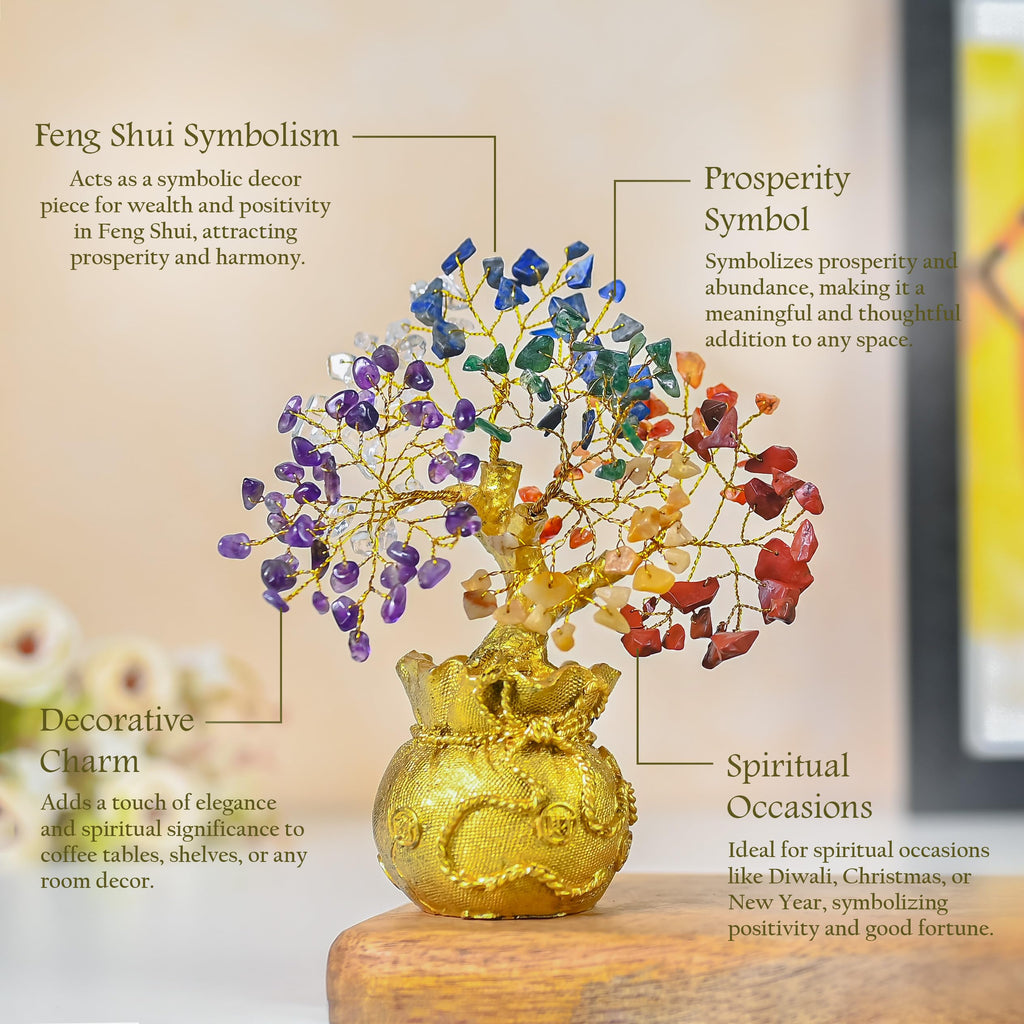 7 Chakra Crystal Bonsai Tree with Golden Money Bag Base