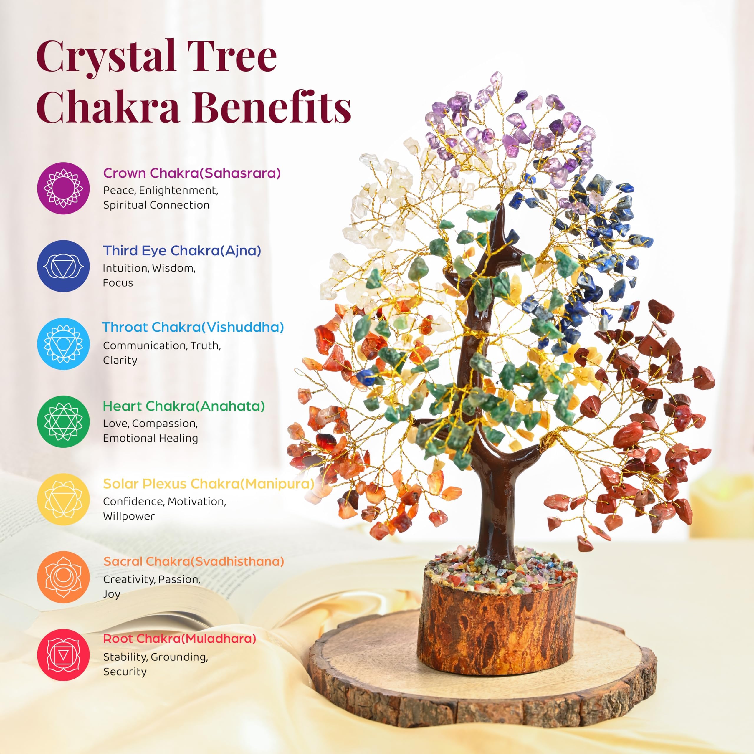 7 Chakra Crystal Bonsai Tree with Golden Money Bag Base