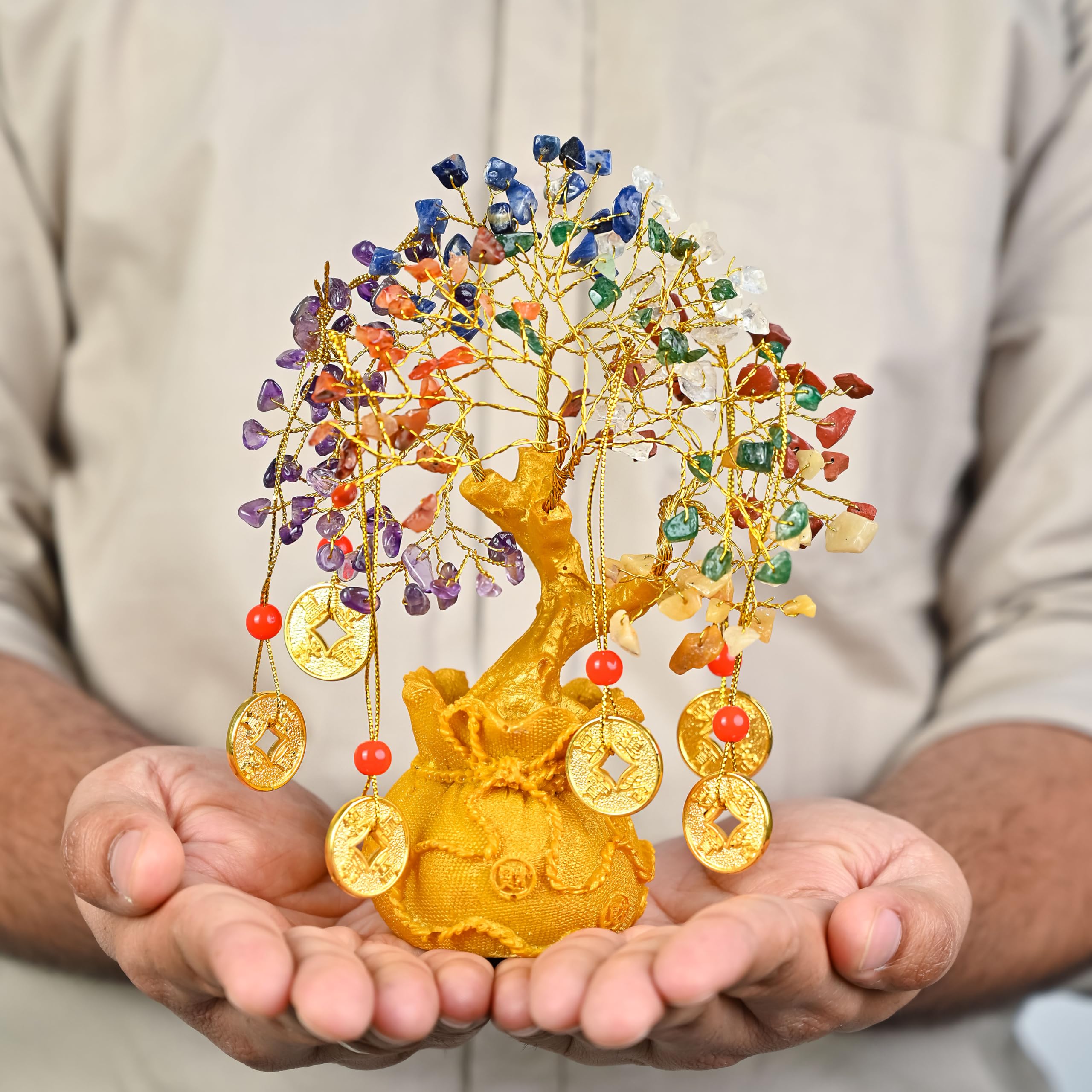 7 Chakra Crystal Bonsai Tree with Golden Money Bag Base