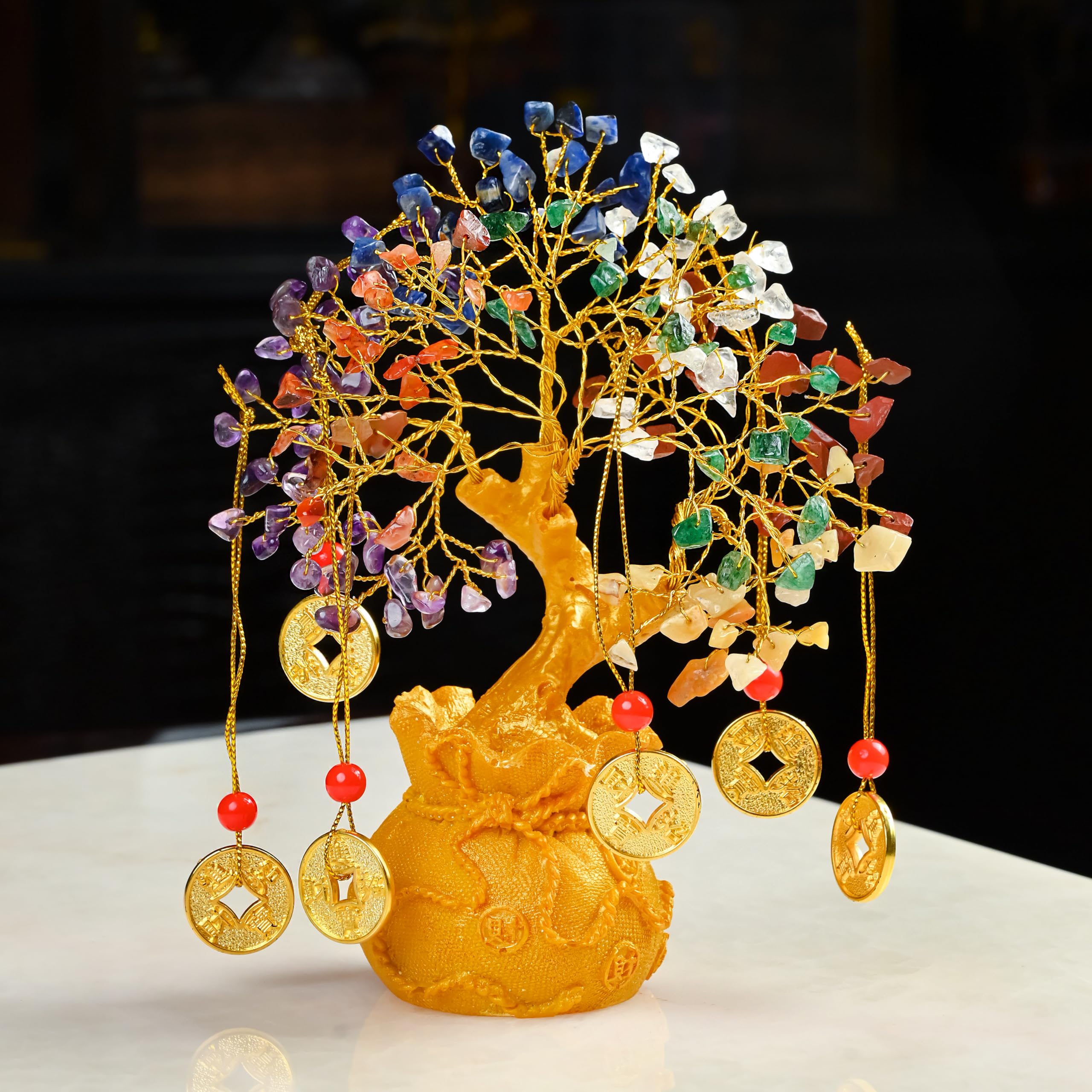 7 Chakra Crystal Bonsai Tree with Golden Money Bag Base
