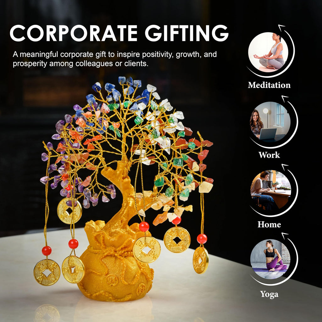 7 Chakra Crystal Bonsai Tree with Golden Money Bag Base