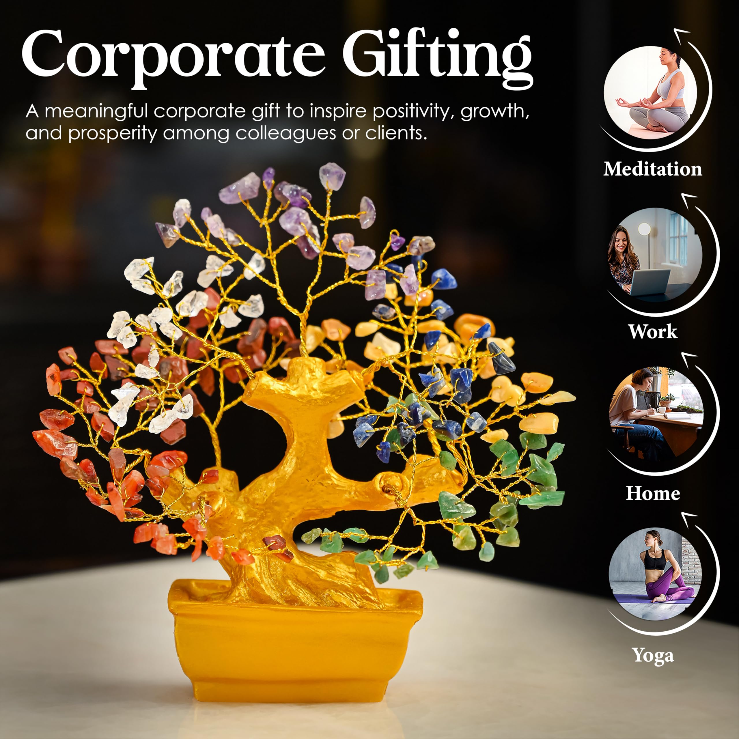 7 Chakra Crystal Bonsai Tree with Golden Money Bag Base