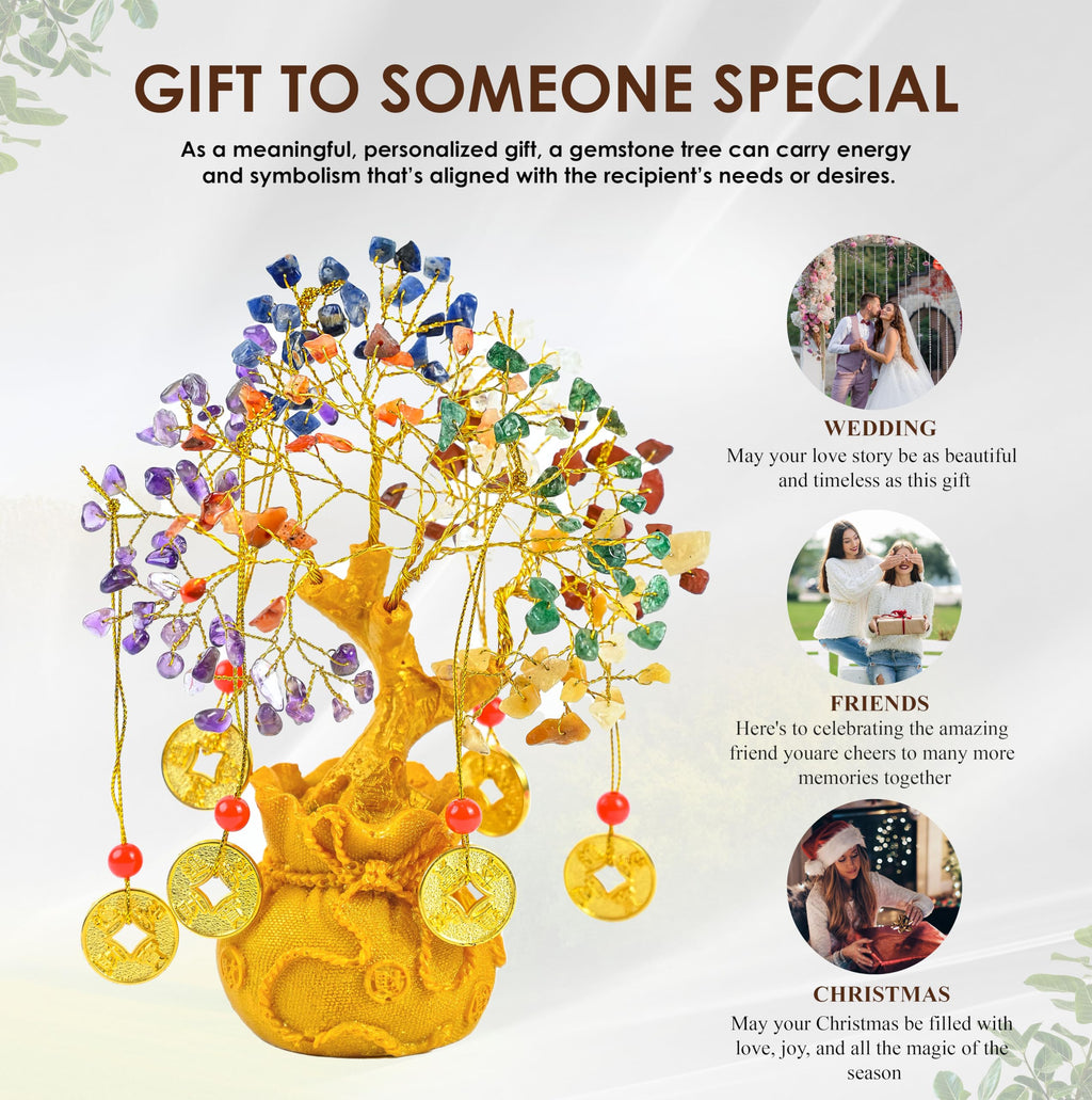 7 Chakra Crystal Bonsai Tree with Golden Money Bag Base